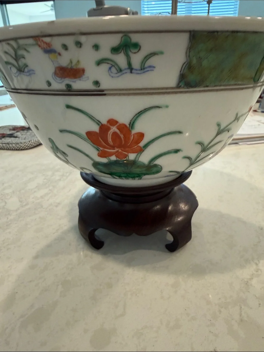 White Ceramic Bowl with Green Patterned Rim